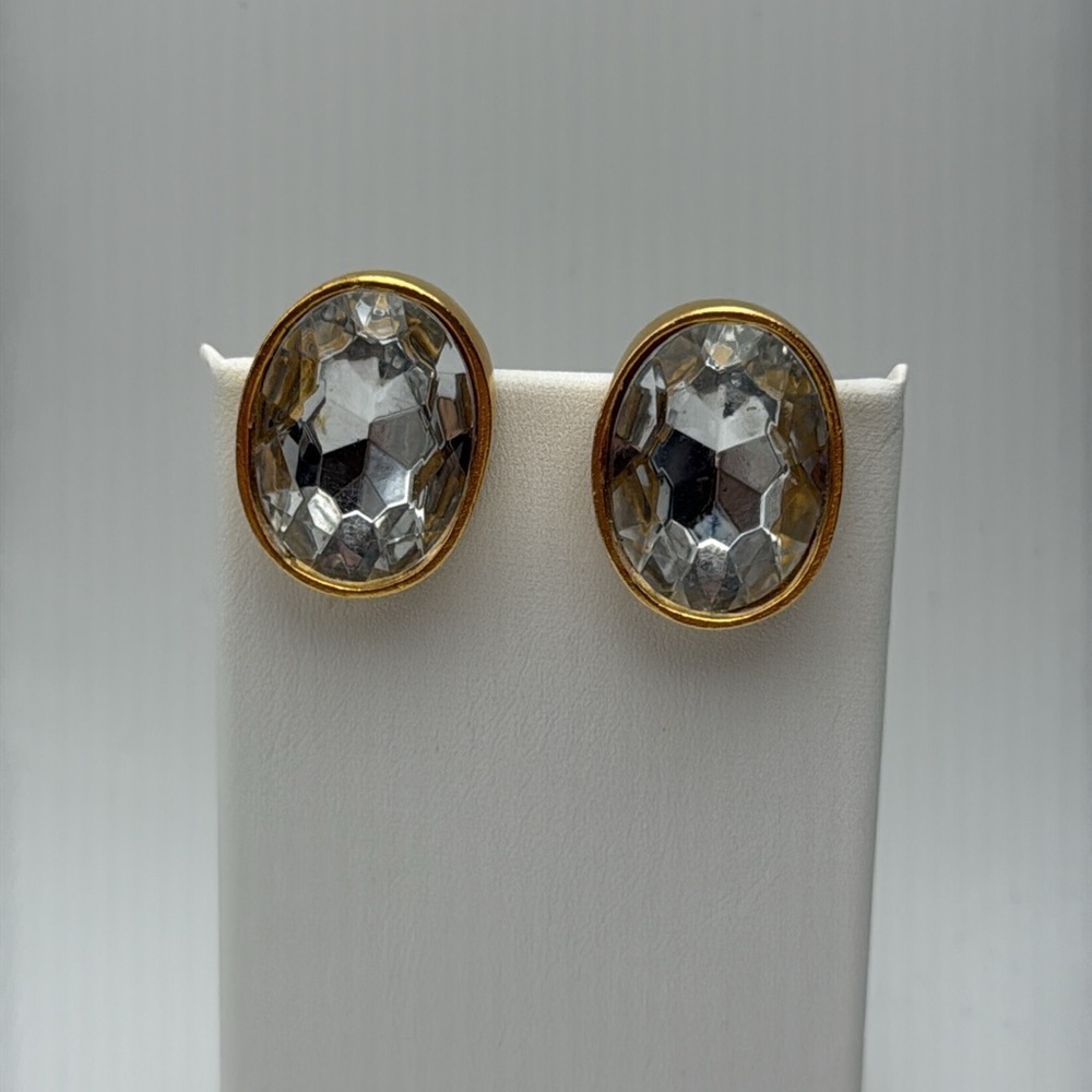 Vintage Ellen Deisgn clear faceted headlight 80s oval statement clip earrings - Picture 11 of 11